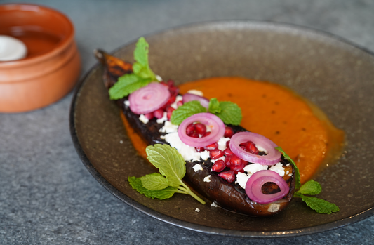 Sid Sahrawat’s Charred eggplant with feta and Madras curry sauce